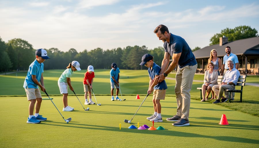 Junior golfer practicing a short swing with an instructor at a family-friendly practice area