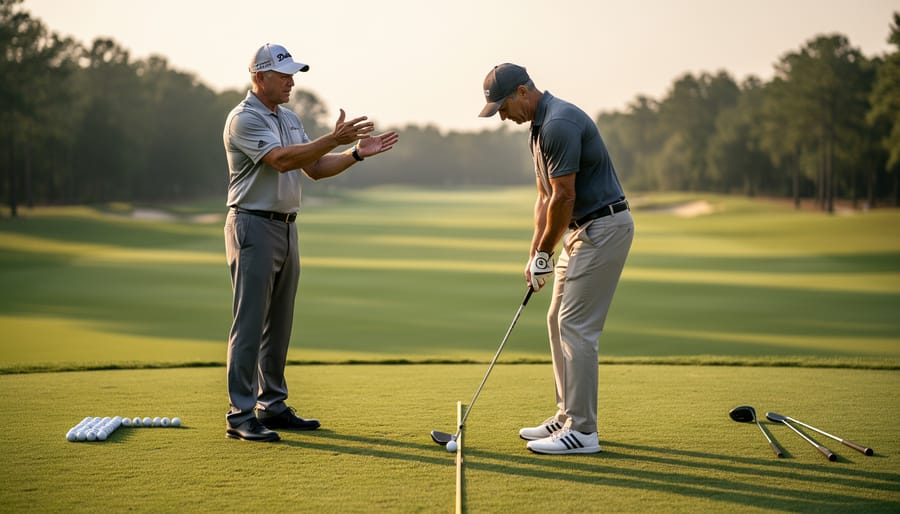 Golf instructor giving one-on-one guidance to an adult golfer at a Vancouver driving range