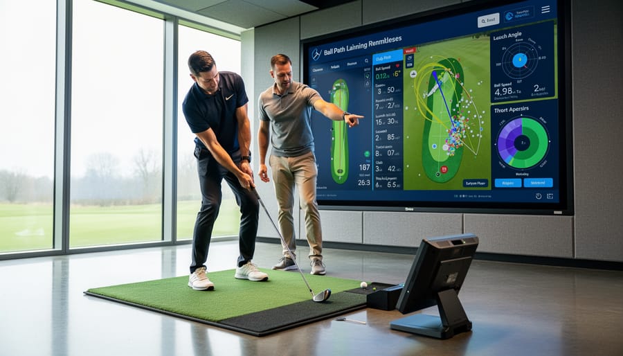 Golf launch monitor and golfer practicing in a high-tech training bay