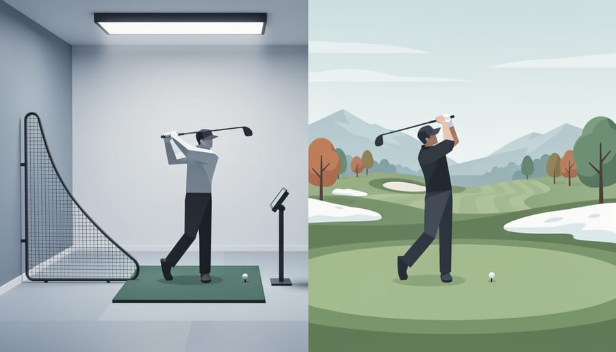 View from inside a golf facility showing an indoor simulator area and an outdoor winter course beyond